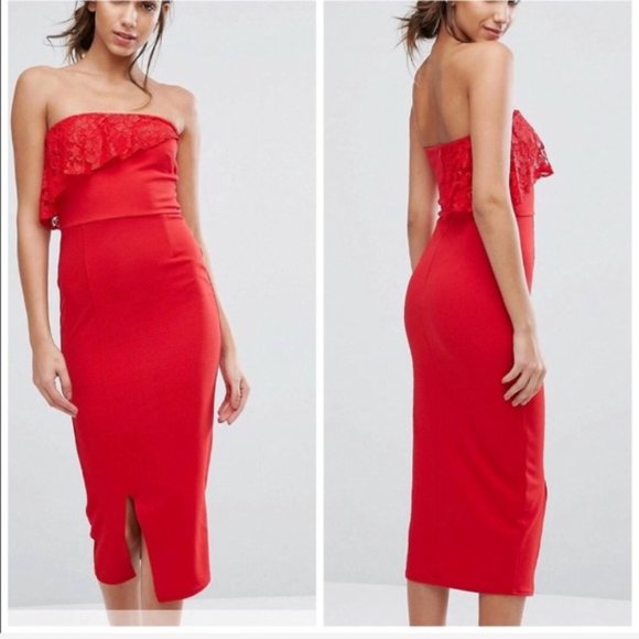 Red Lace Midi Date Night Asos dress Bodycon 14 - Picture 2 of 2
